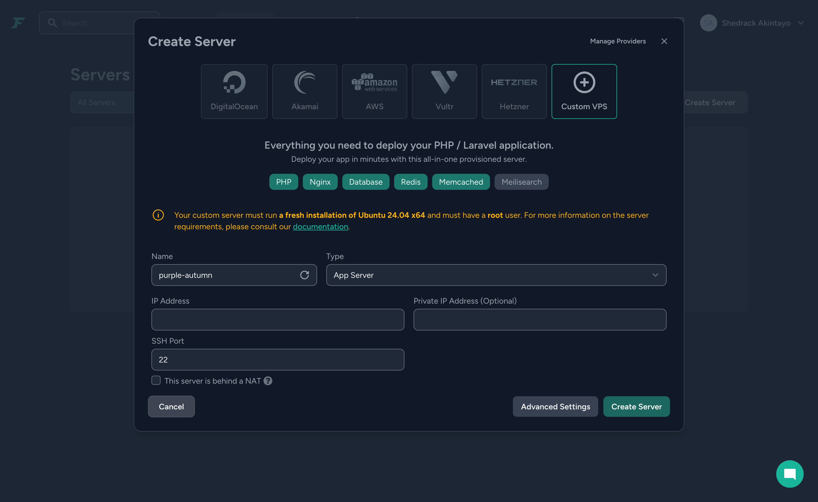 Laravel Forge - Create Server