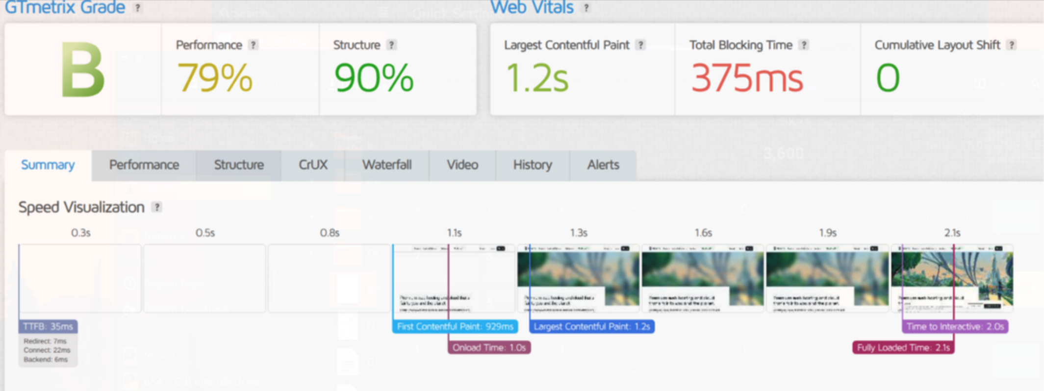 WordPress site speed test GTMetrix results