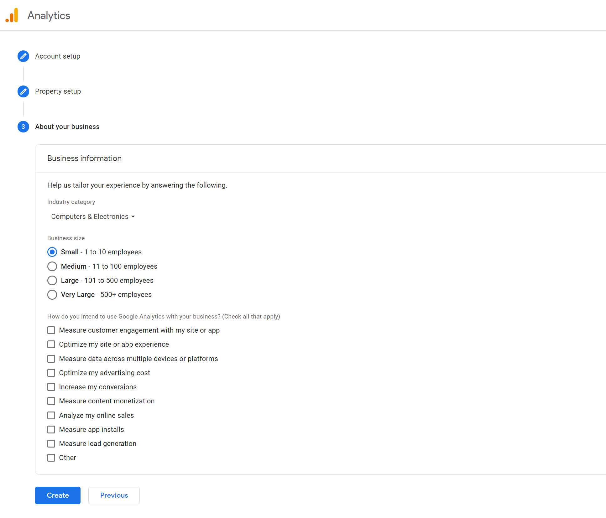 Google Analytics Business information form