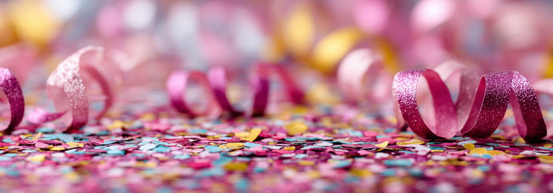 Confetti and streamers sparkling across a table