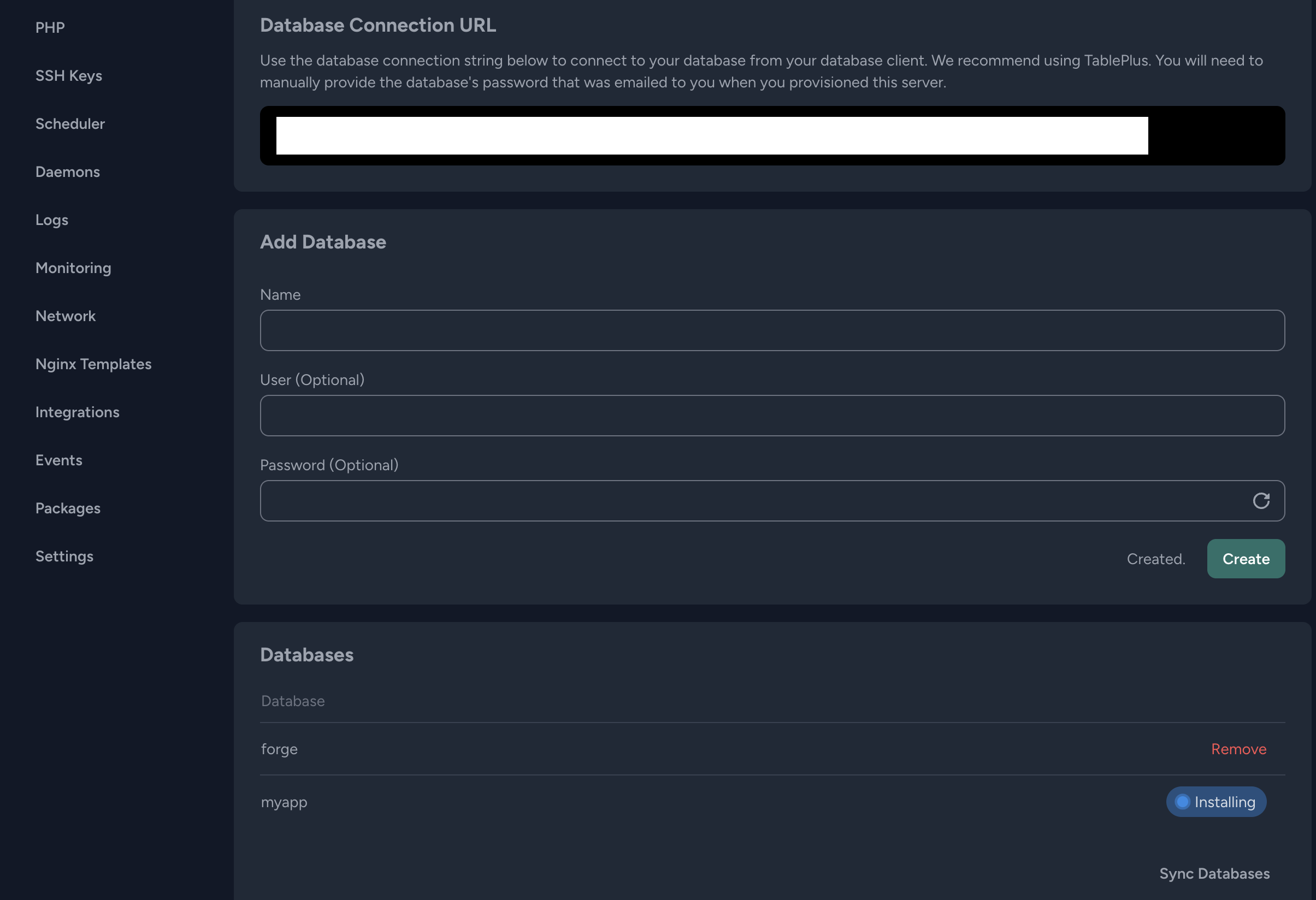 Laravel Forge - Create New Database