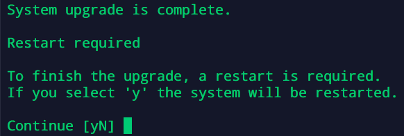 A screenshot of the Linux CLI confirming that the upgrade from Ubuntu 20.04.5 to 22.04 LTS has been completed and the system will need to be rebooted.
