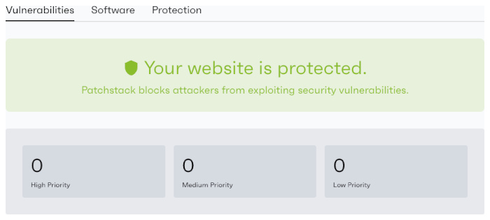 Screenshot of Intelligent Protection powered by Patchstack in action, showing the Vulnerabilities screen. The text reads Your website is protected. Patchstack blocks attackers from exploiting security vulnerabilities. and shows zero High Priority, Medium Priority, or Low Priority vulnerabilities.