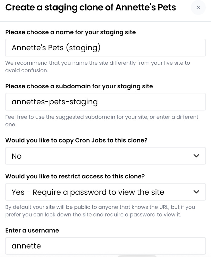 Screenshot of the modal window that appears when you create a new staging site, including choosing the name, creating a subdomain, copying Cron Jobs, restricting access, and entering a username