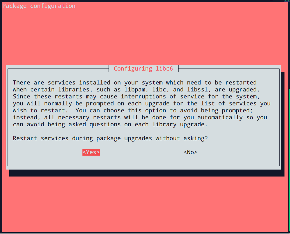 A screenshot from within the Linux CLI prompting the user to enable automatic rebooting throughout the upgrade to Ubuntu 22.04 LTS
