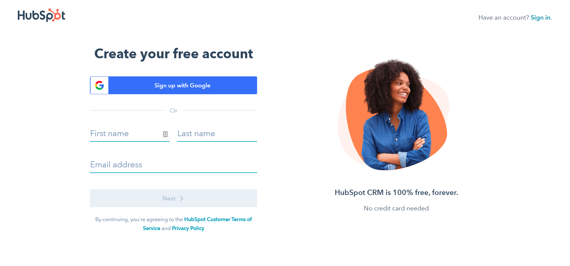 Interface for creating a free HubSpot account
