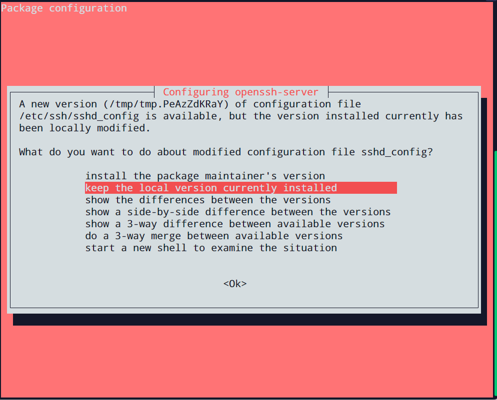 A screenshot of the Linux CLI via SSH asking the user to confirm their preferences on configuration file replacement when upgrading to Ubuntu 22.04 LTS