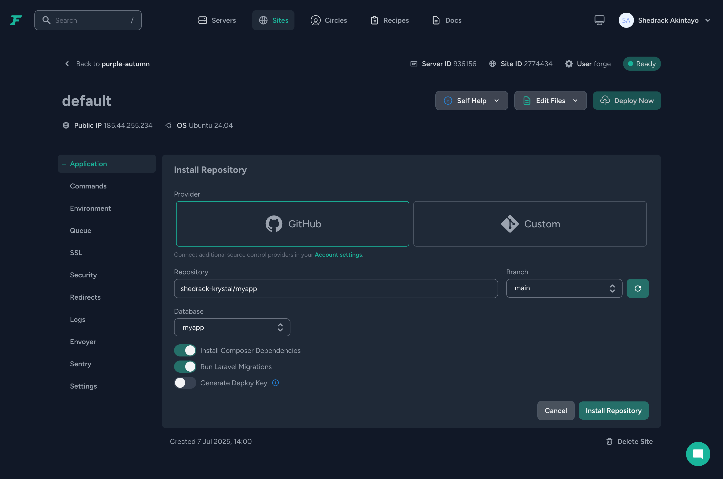 Laravel Forge - Install Repository