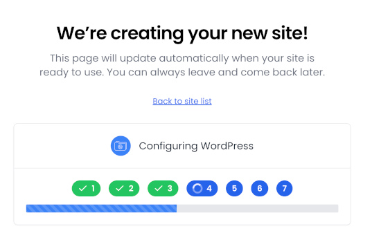 Screenshot of the Site Creation window, where it is configuring all the elements to build a WordPress site.