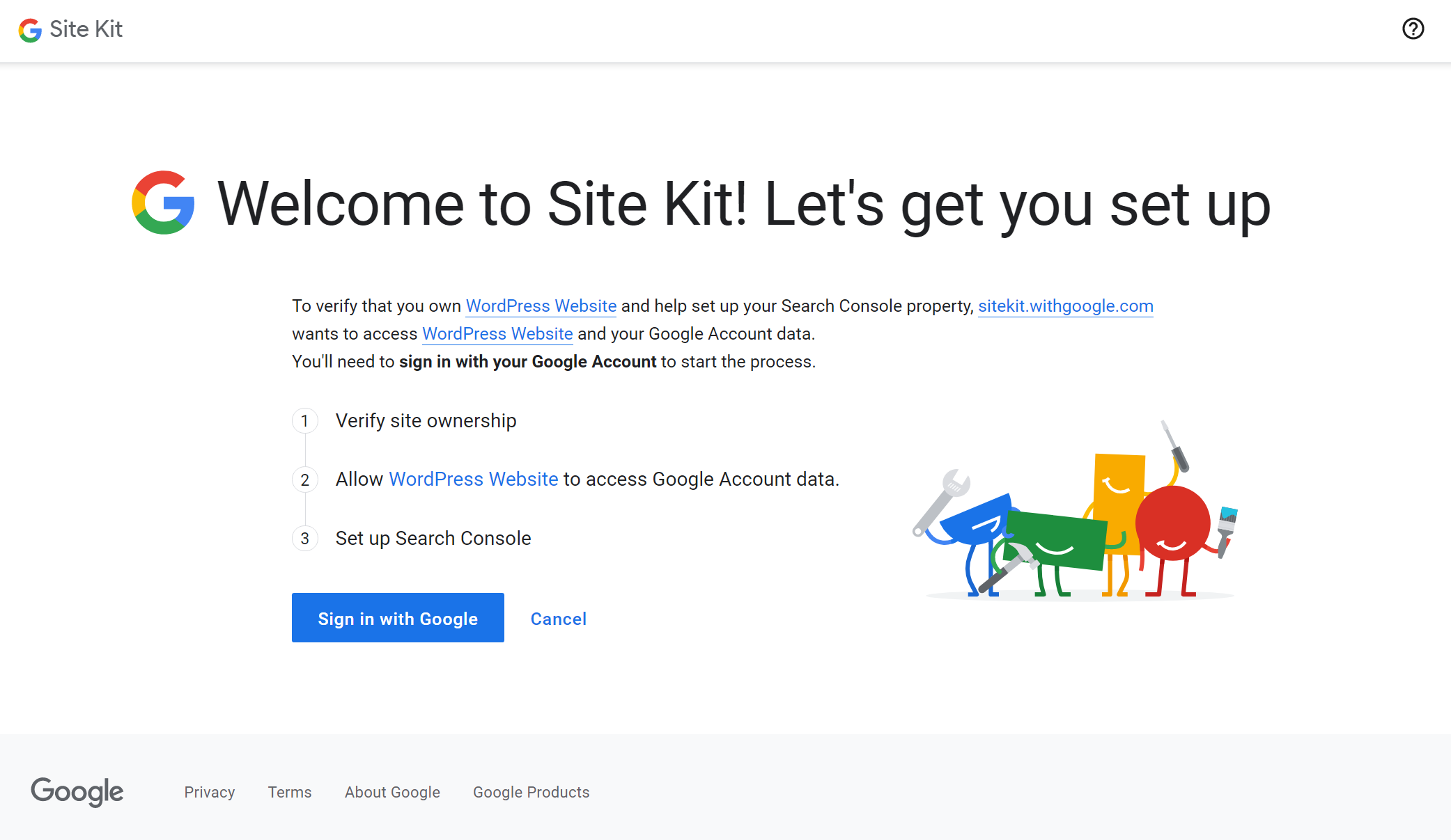 Google Analytics Site Kit sign in page