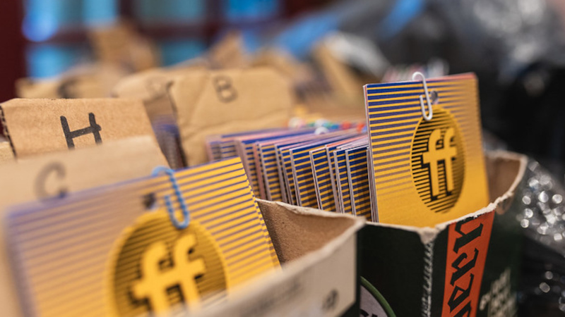 The FFConf badges, organised for people to pick up