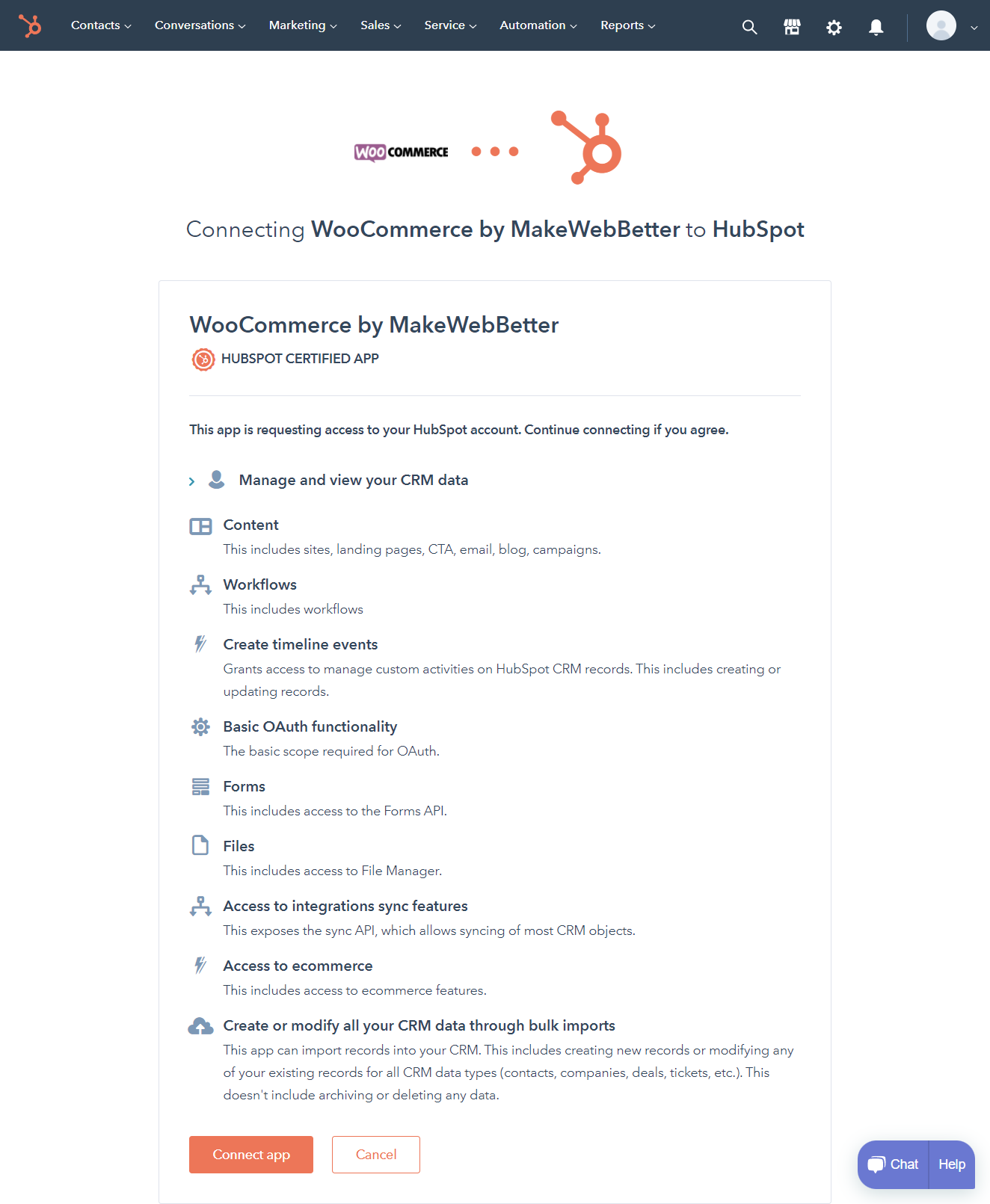 Connect WooCommerce by MakeWebBetter to HubSpot page