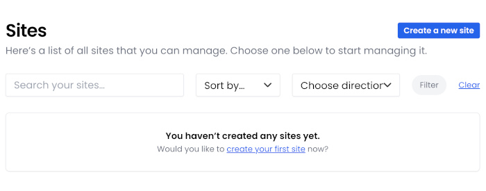 Screenshot of the list of WordPress sites you can manage, with no sites available, but there is the option to create a new site.