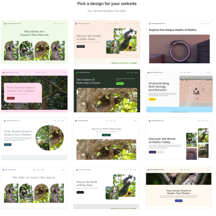 Screenshot of a range of the templates available for websites in the AI Site Builder.