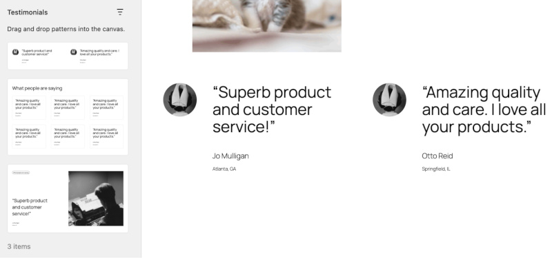 Screenshot of the WordPress Patterns left-side menu in the WordPress post page, showing the testimonial options available, with one now in the body of the post