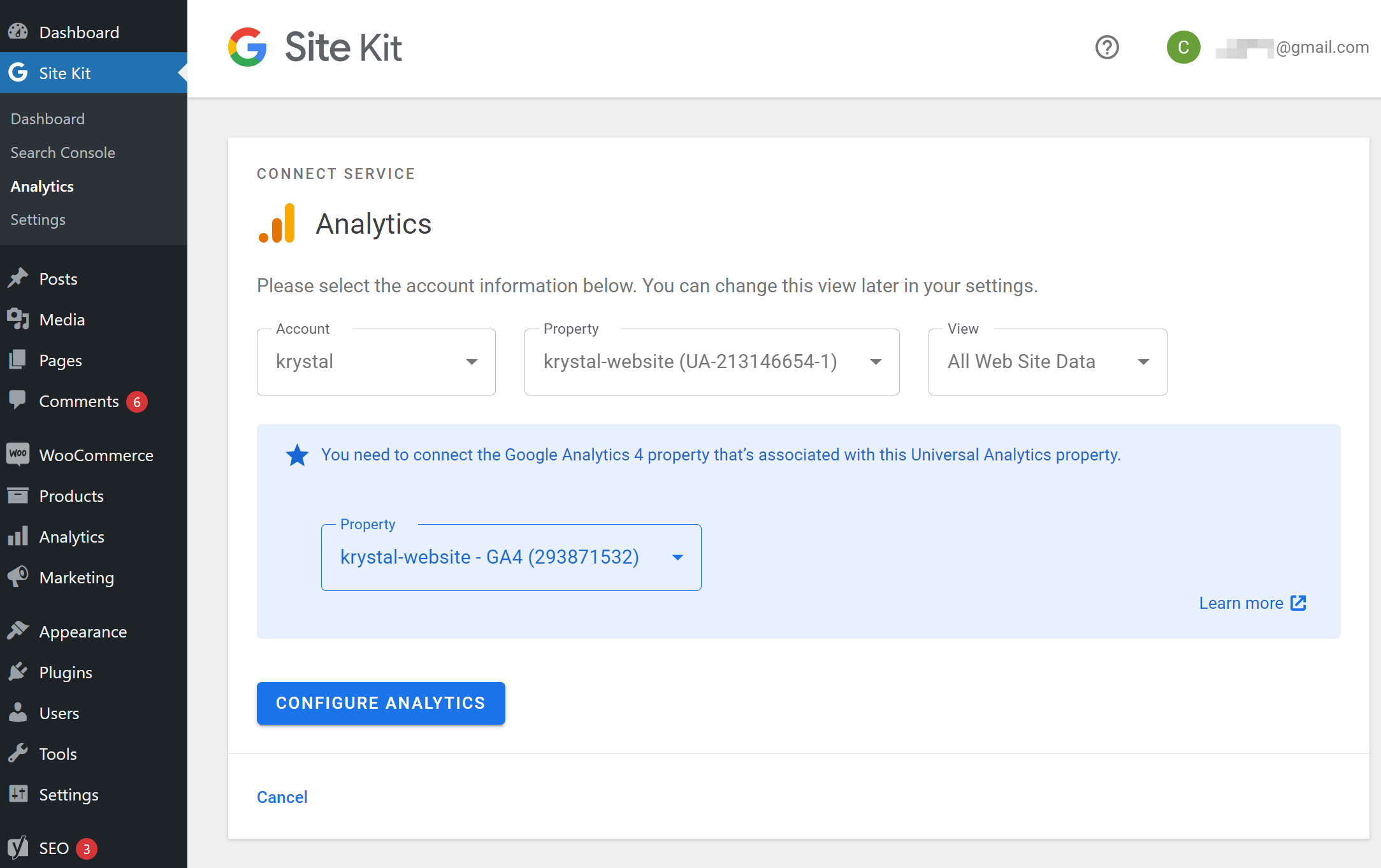Google Analytics plugin access settings