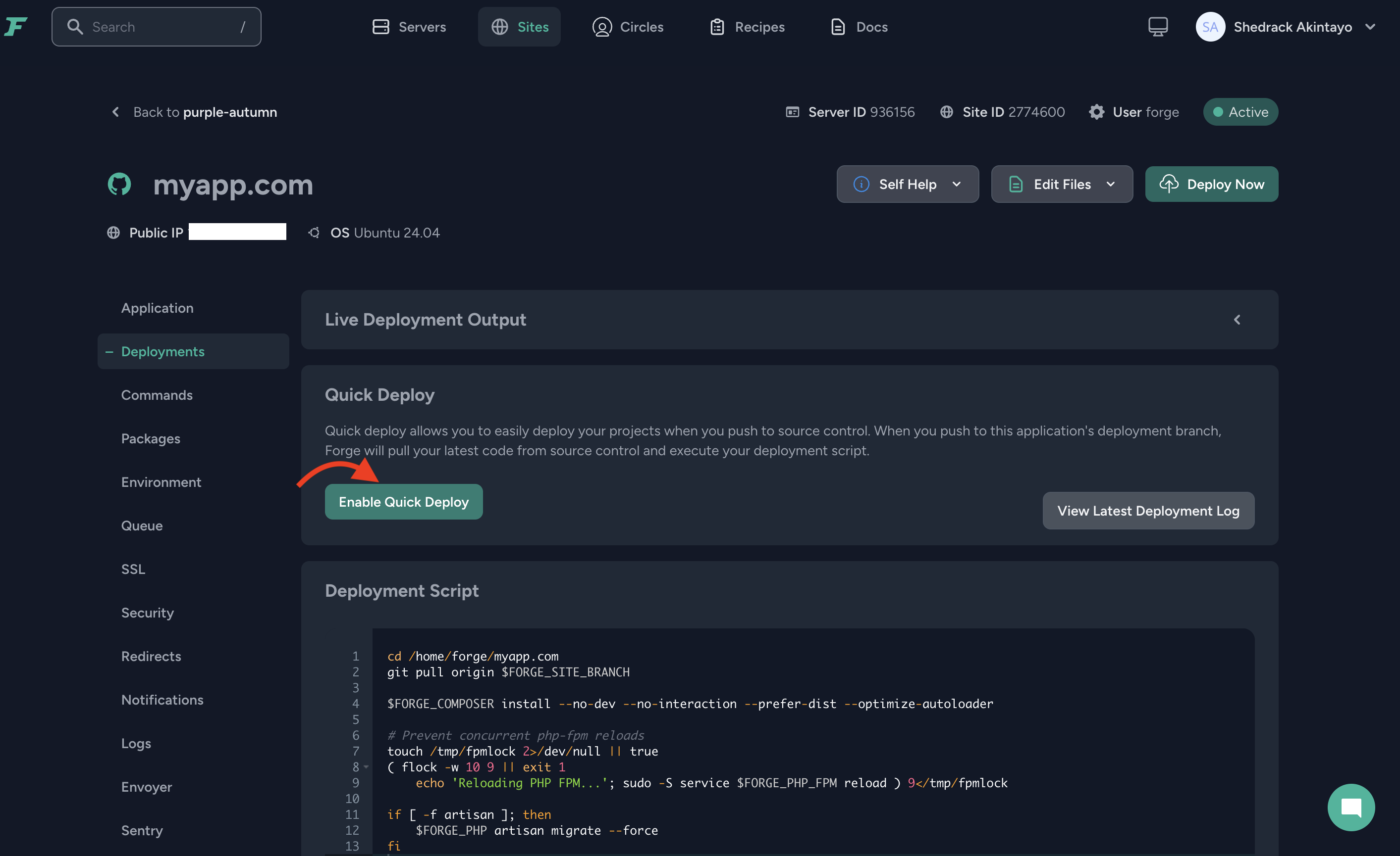 Laravel Forge - Enable Quick Deploy