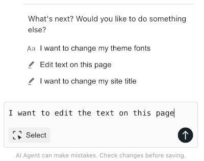 Screenshot of the AI Agent window where I am saying I want to edit the text on the page.