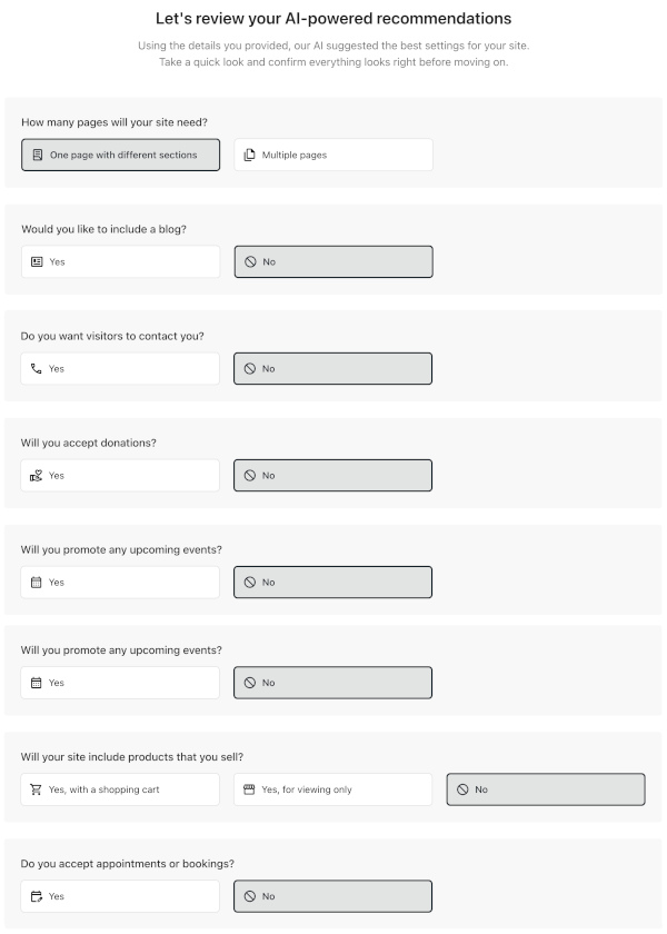Screenshot of the AI-powered Recommendations screen, where you can choose additional features of your site.