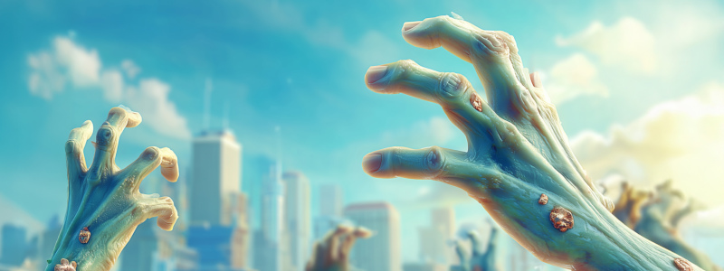 Zombie hands rise up in front of a city skyline