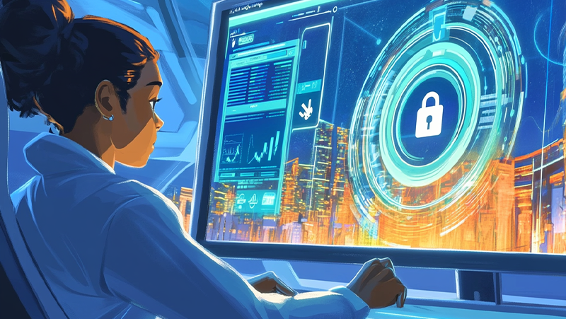 drawing of a woman checking her online security