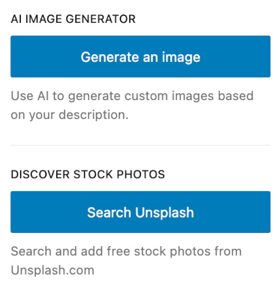 Screenshot of the window that offers you two choices to change pictures - either using AI to generate custom images or searching Unsplash for free stock images.