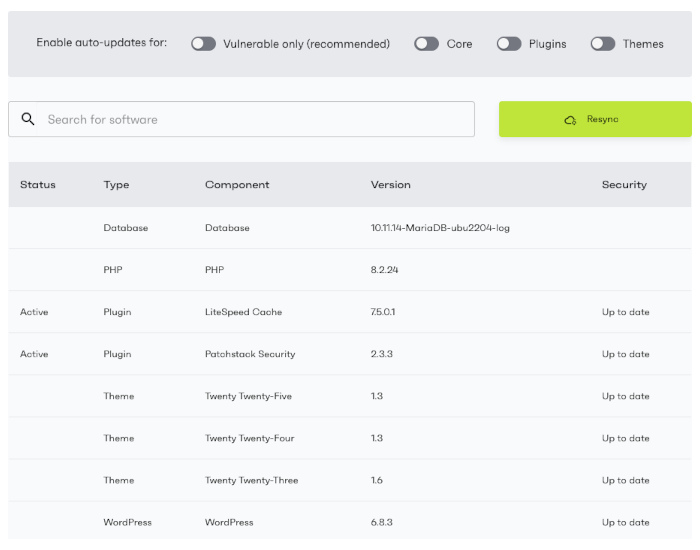 Screenshot of Intelligent Protection in action, showing the Software Scanning screen. It offers the ability to enable auto-updates for vulnerable software, core software, plugins or themes. It also has a table showing the type of software installed, what component it is, what version is installed, whether it is active or not, and how the security is.