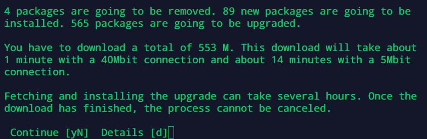 A screenshot of the Linux CLI via SSH with an upgrade summary