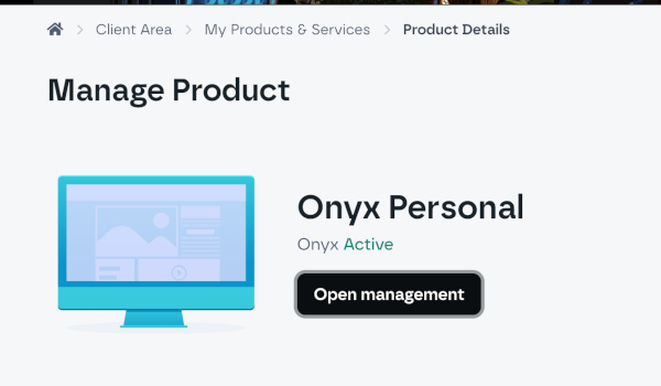 Screenshot of the Onyx Personal package in the Krystal Product Details page, with a button that states Open Management.